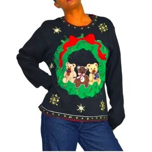 Ugly Christmas Sweater Vintage Teddy Bears Wreath Embroidered
